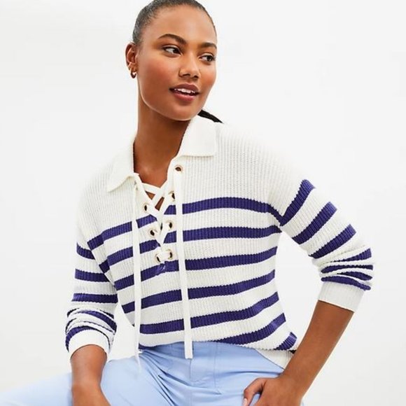 LOFT:  Striped Lace Up Polo Sweater - white/blue - Picture 2 of 9